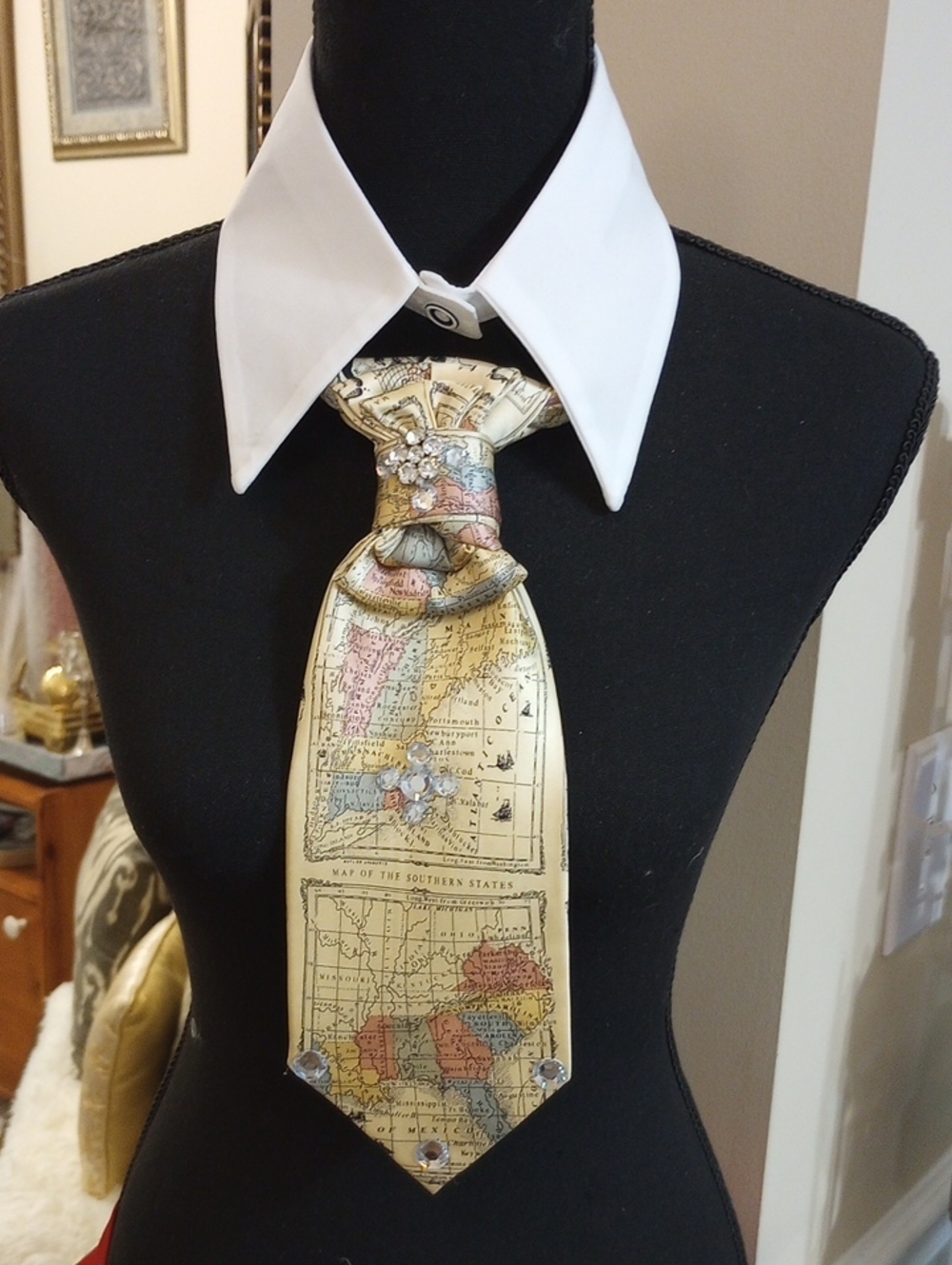 Map-Print Silk Necktie Necklace with Rhinestone Accents - Cream & Pastel